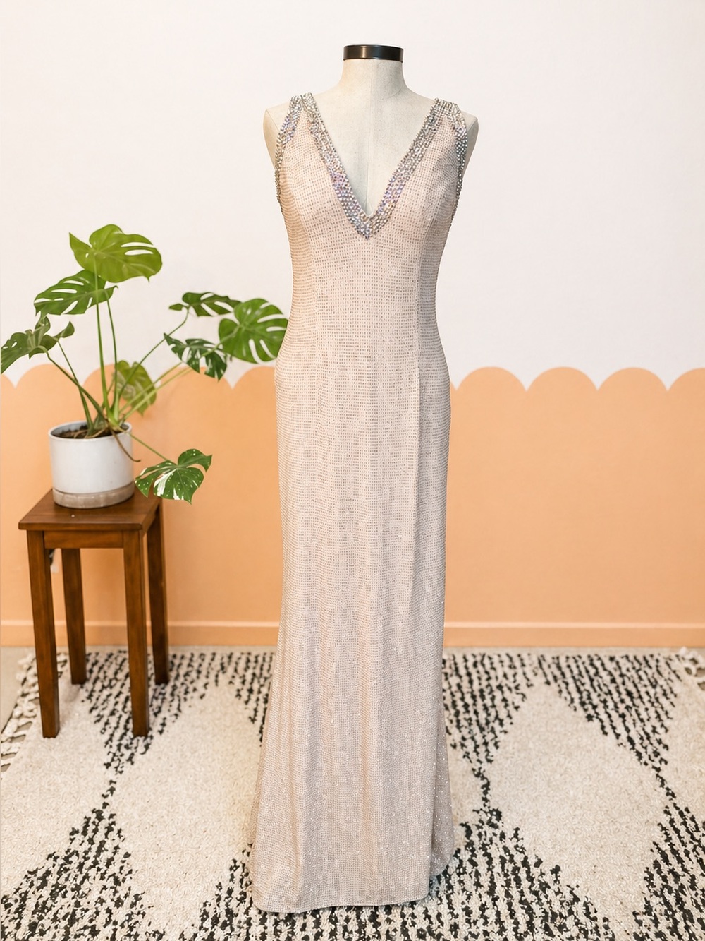 Jovani Beaded V-Neck Evening Gown - Champagne